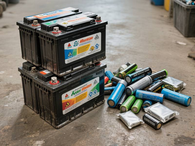 Différents types de batteries (voiture et lithium) à trier.