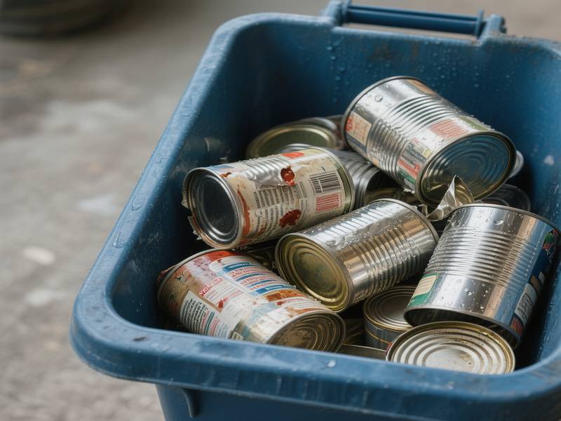 Boîtes de conserve vides dans un bac de recyclage.