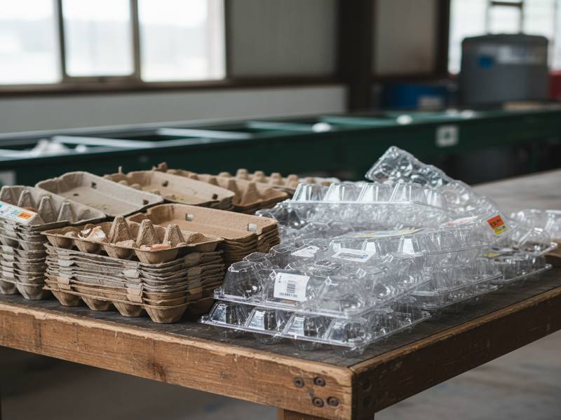 Boîtes d'oeufs en carton et en plastique prêtes à être triées.