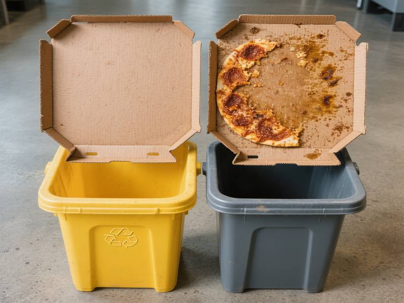 Boîte de pizza ouverte, séparée en deux parties : une propre pour le bac jaune, une grasse pour la poubelle grise.