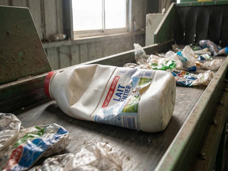 Bouteille de lait en plastique opaque écrasée correctement dans le sens de la longueur.
