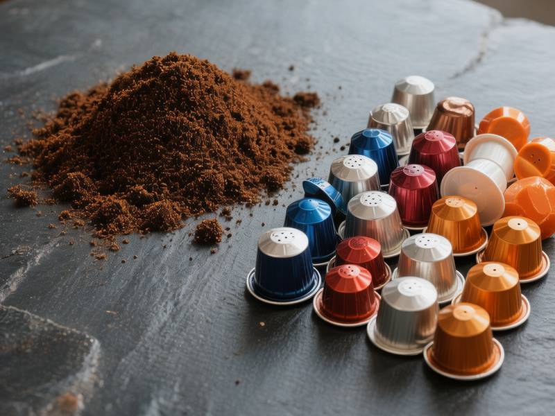Capsules de café en aluminium et en plastique triées à côté d'un marc de café.