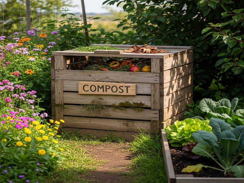 Composteur en bois dans un jardin