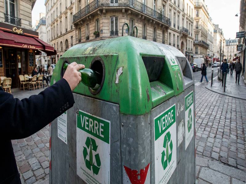 Insertion d'une bouteille verte dans un conteneur à verre de rue.