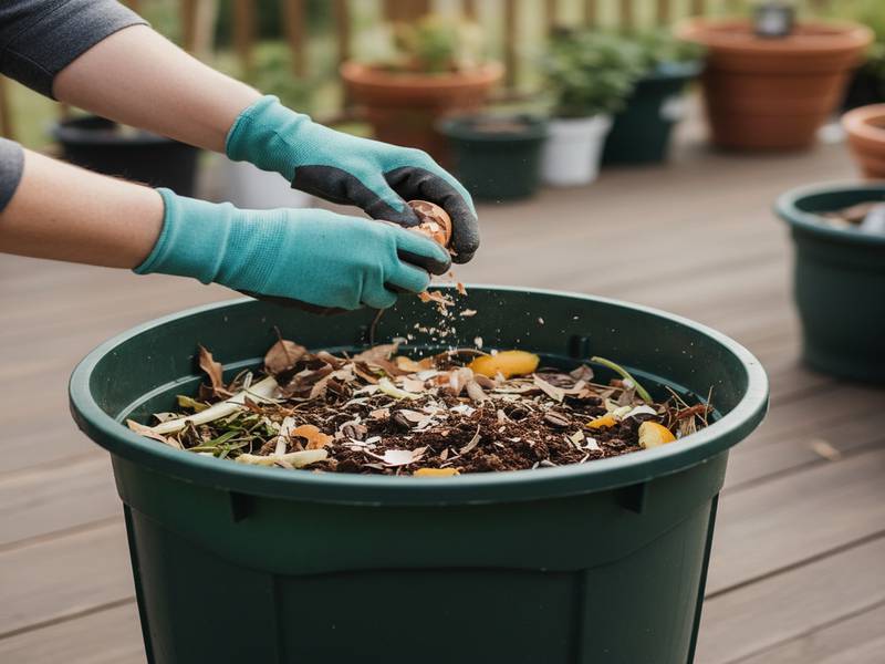 Mains émiettant des coquilles d'œufs au dessus d'un bac à compost.