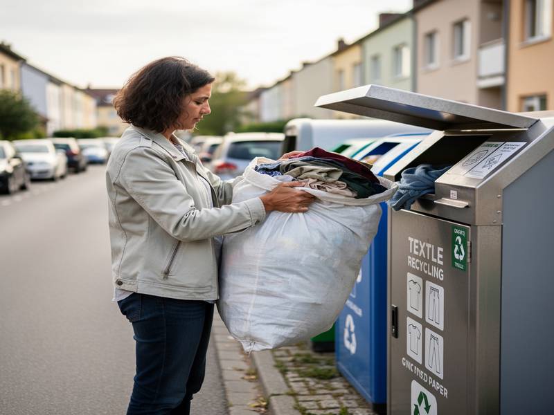 Main déposant un sac de vieux vêtements dans un conteneur de recyclage pour textiles.