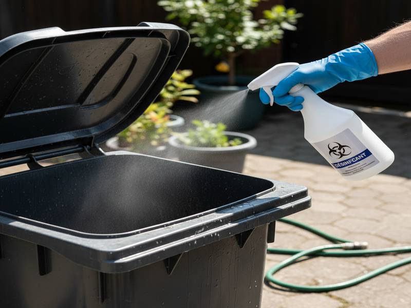 Désinfection d'une poubelle avec un spray désinfectant et des gants de protection