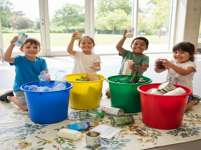 Enfants souriants en train de trier des emballages dans des bacs colorés.