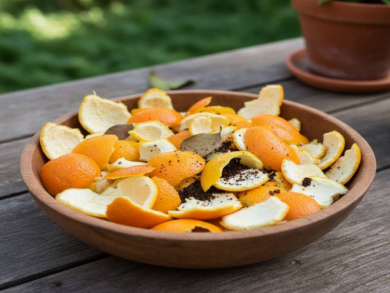 Épluchures d'orange et de citron coupées en morceaux prêtes pour le compost.