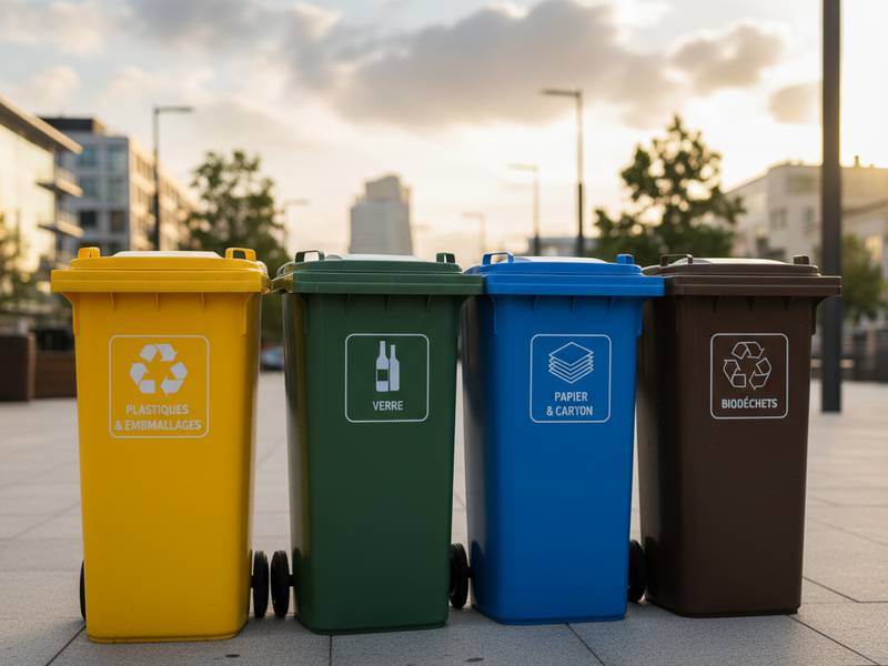 Alignement des différents bacs de tri sélectif (jaune, vert, bleu, marron)