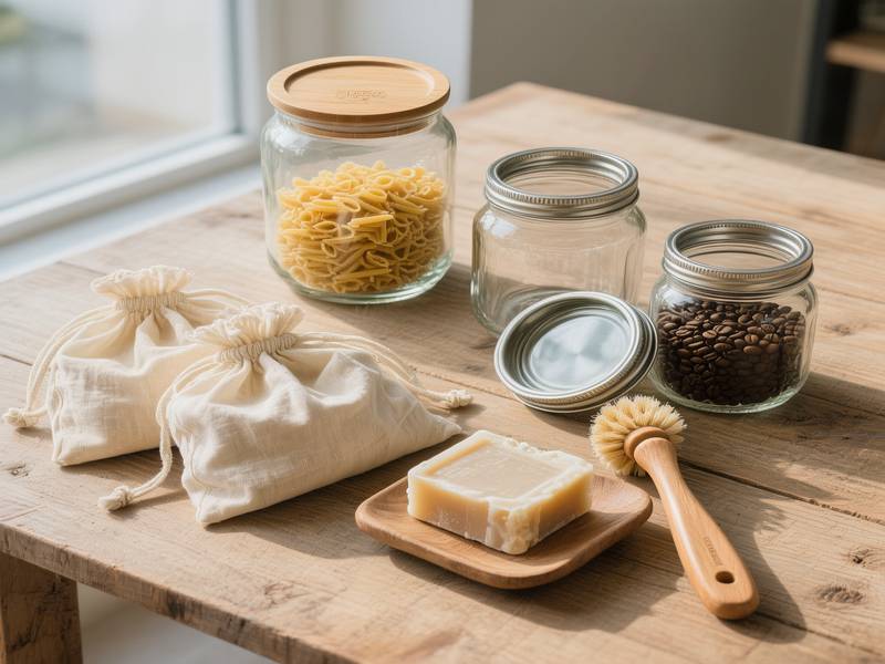 Kit zéro déchet avec bocaux, sacs à vrac en tissu et savon solide