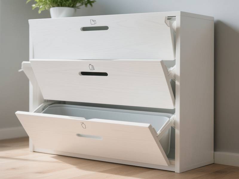 Meuble en bois blanc avec compartiments basculants pour le tri