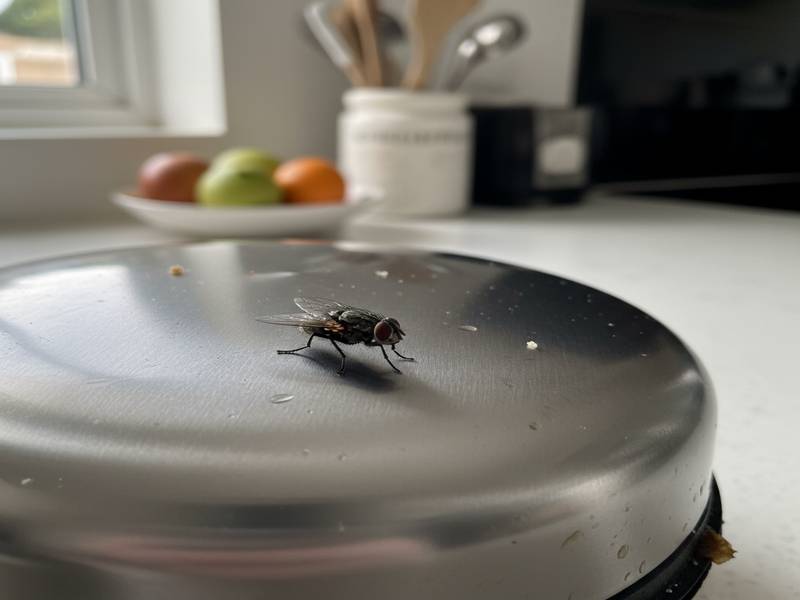 Une mouche posée sur le couvercle d'une poubelle de cuisine en inox