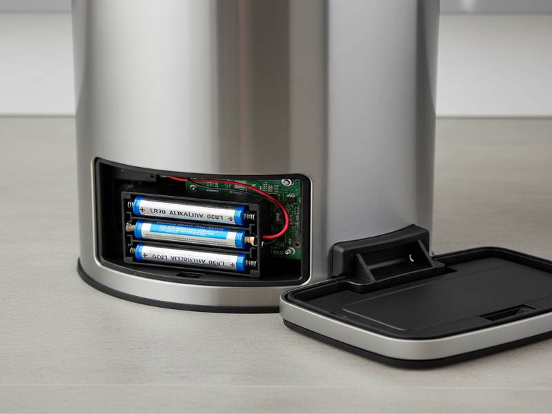 Compartiment à piles ouvert d'une poubelle automatique montrant 4 piles LR20.