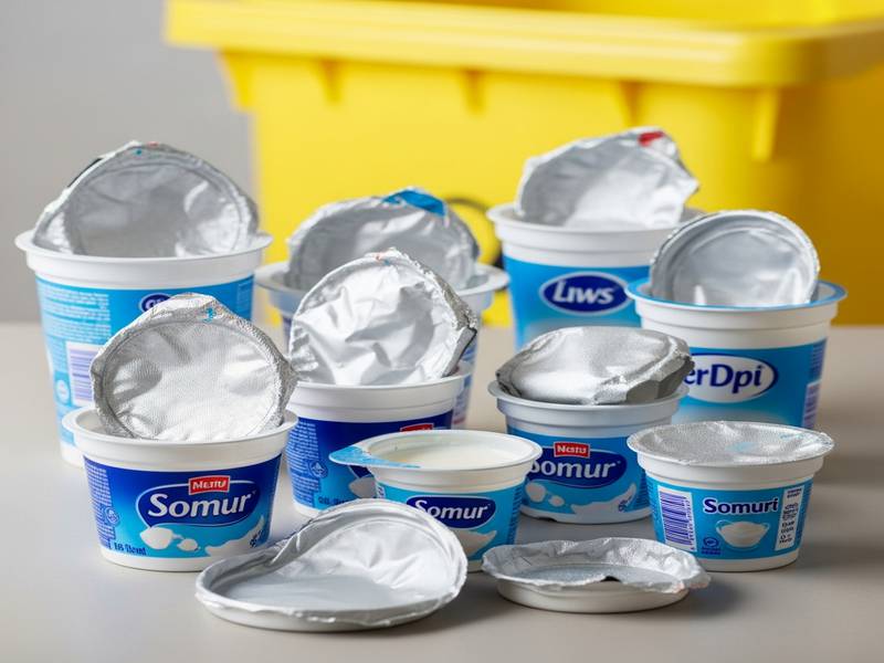 Pots de yaourt en plastique, couvercles et opercules prêts à être jetés dans le bac jaune.