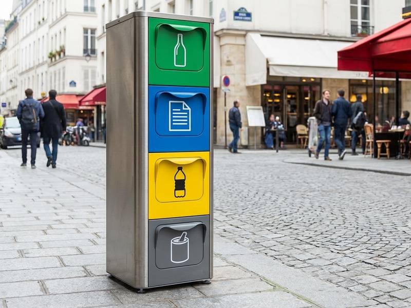 Colonne de tri sélectif verticale avec 4 compartiments empilés