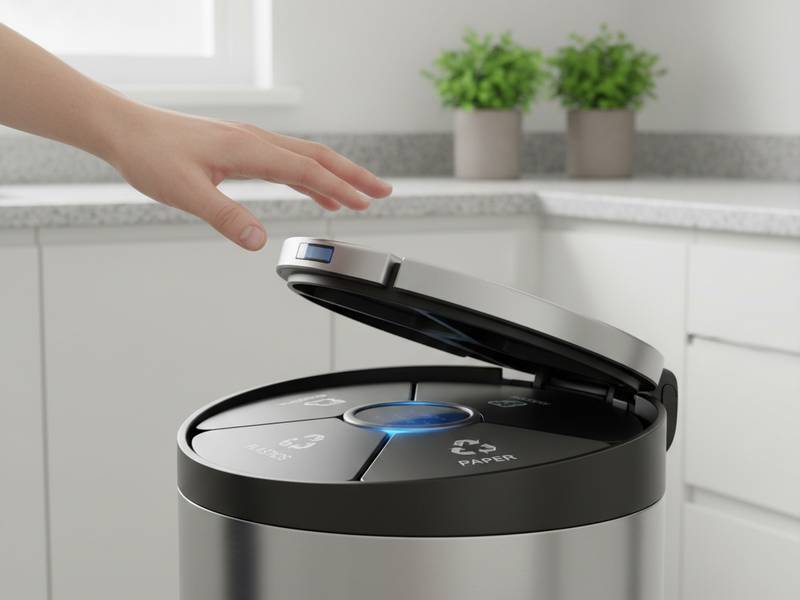 Main s'approchant d'une poubelle automatique de tri qui s'ouvre seule.