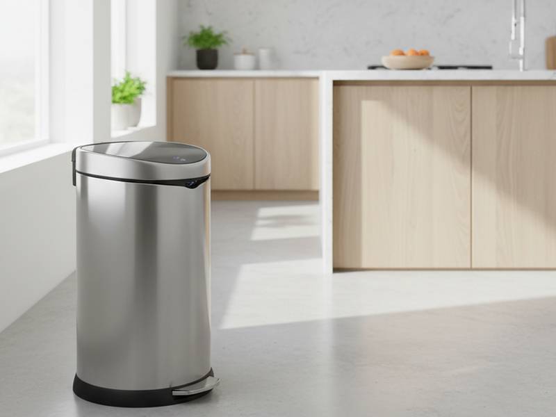 Poubelle haute en inox à ouverture automatique dans une cuisine lumineuse.