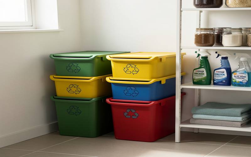 Poubelles empilables de couleurs en plastique recyclé dans un cellier.