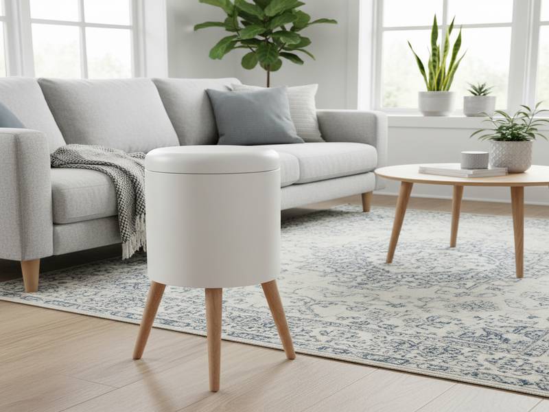 Poubelle design blanc mat sur pieds en bois dans un salon scandinave.