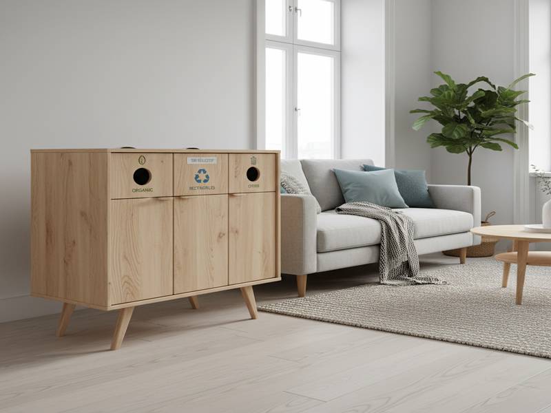 Poubelle de tri sélectif habillage bois dans un salon scandinave.