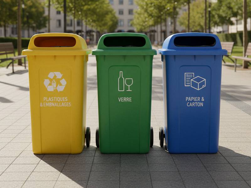 Trois poubelles de tri jaune verte et bleue alignées