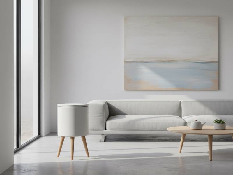 Poubelle blanche sur pieds dans salon minimaliste