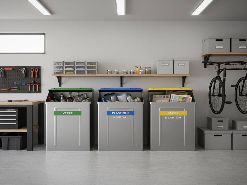 Organisation de poubelles de tri dans un garage bien rangé.