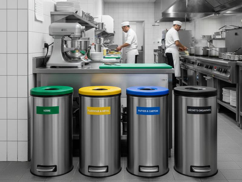 Poubelles de tri professionnelles en inox dans une cuisine de restaurant.