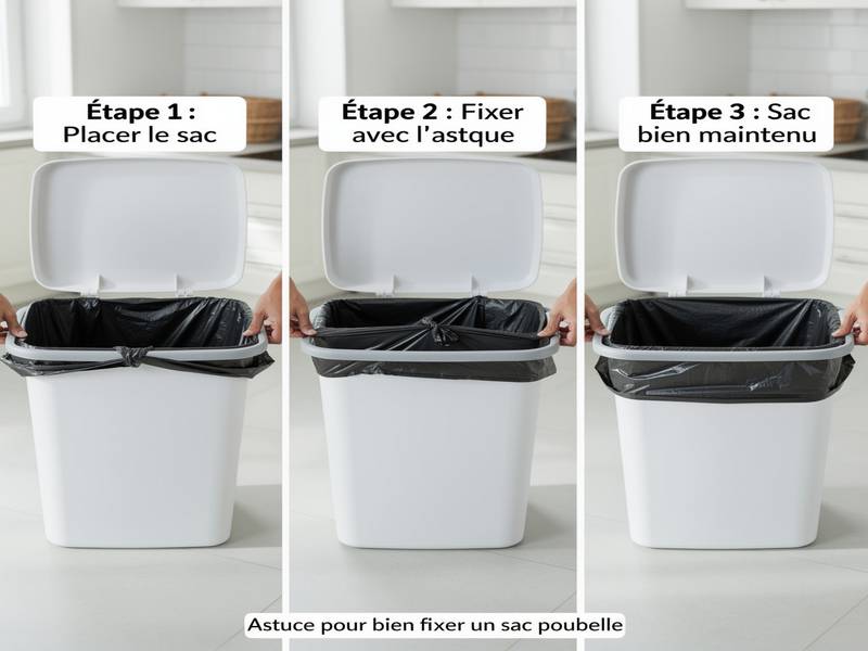 Mise en place d'un sac poubelle avec une astuce de fixation.